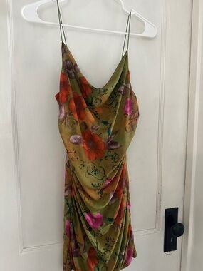 wild fable Olive Green Floral Cowl Mini Dress with Pink & Orange Flowers